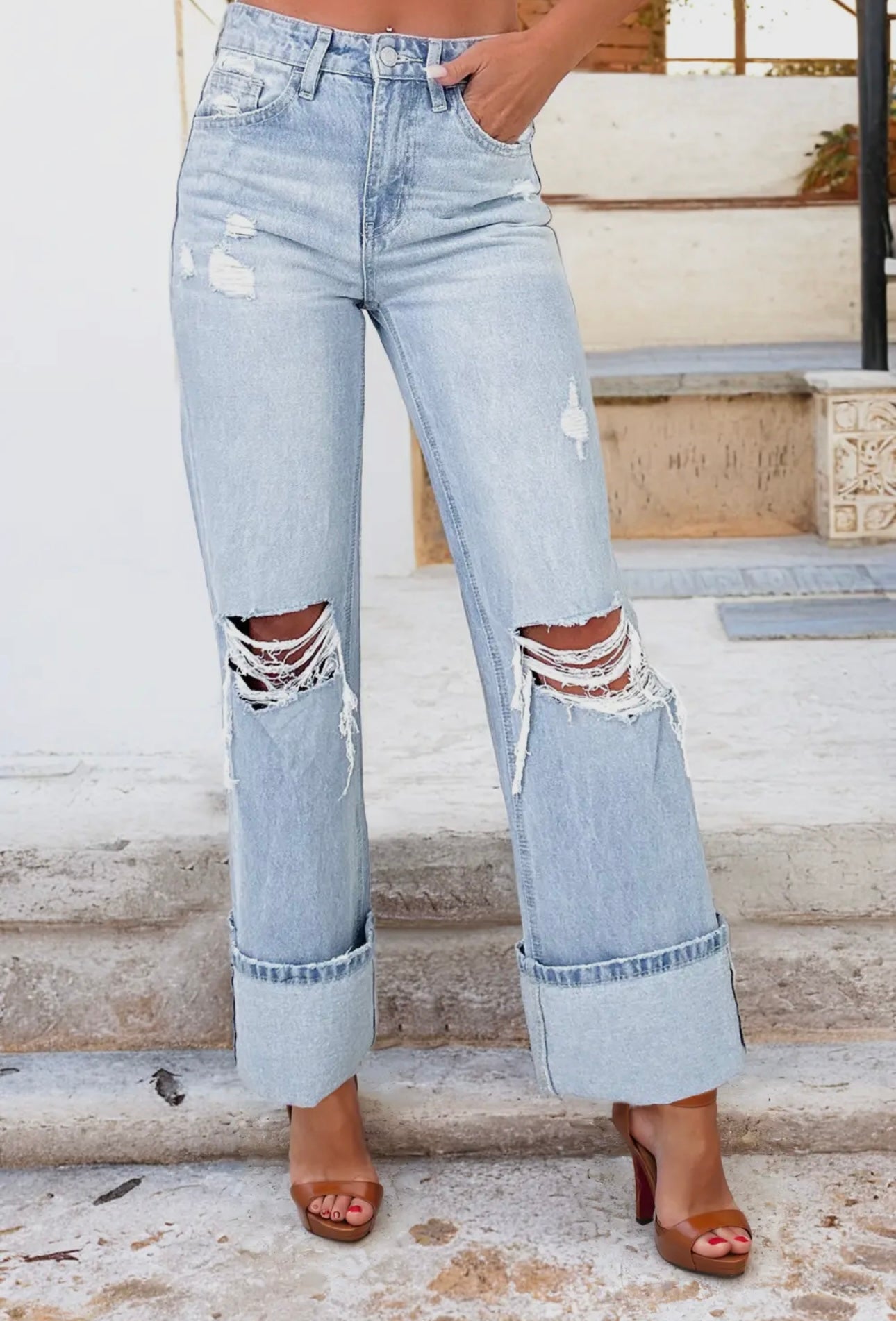 Light wash distressed flare jeans