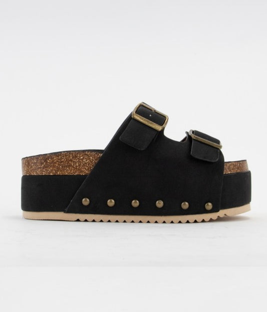 Double buckle platform black sandal